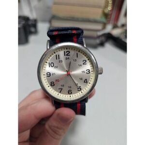 FMD Mens Military Style Watch Silver Dial Navy Red Striped Nylon Strap FMDMD108A